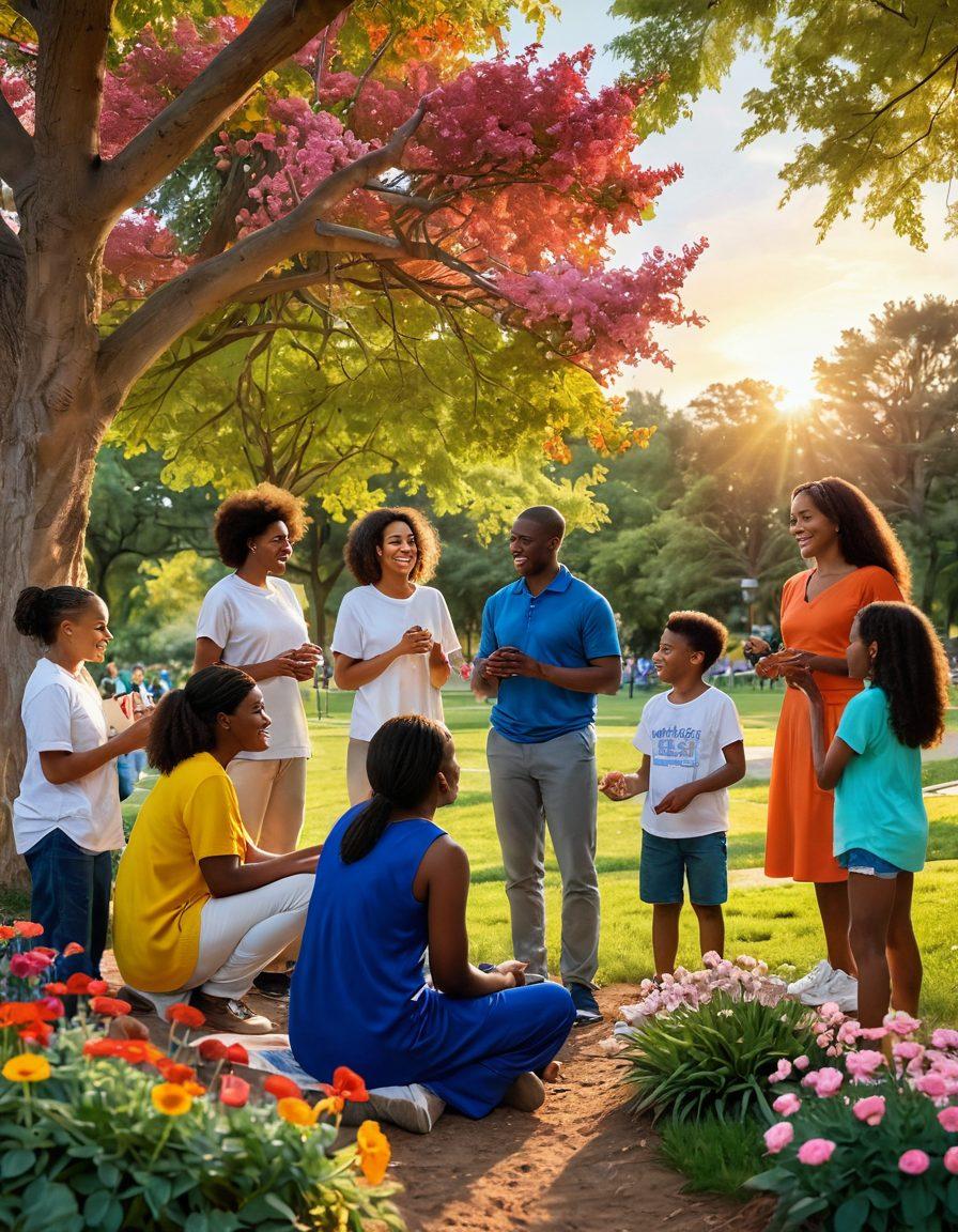A warm and inviting scene depicting diverse people engaging in acts of kindness, such as helping each other and sharing smiles, in a vibrant park setting. Incorporate colorful flowers and trees to symbolize growth and connection, with a soft sunset in the background to evoke warmth and positivity. The people should represent various ages and cultures to emphasize inclusivity. super-realistic. vibrant colors. peaceful atmosphere.