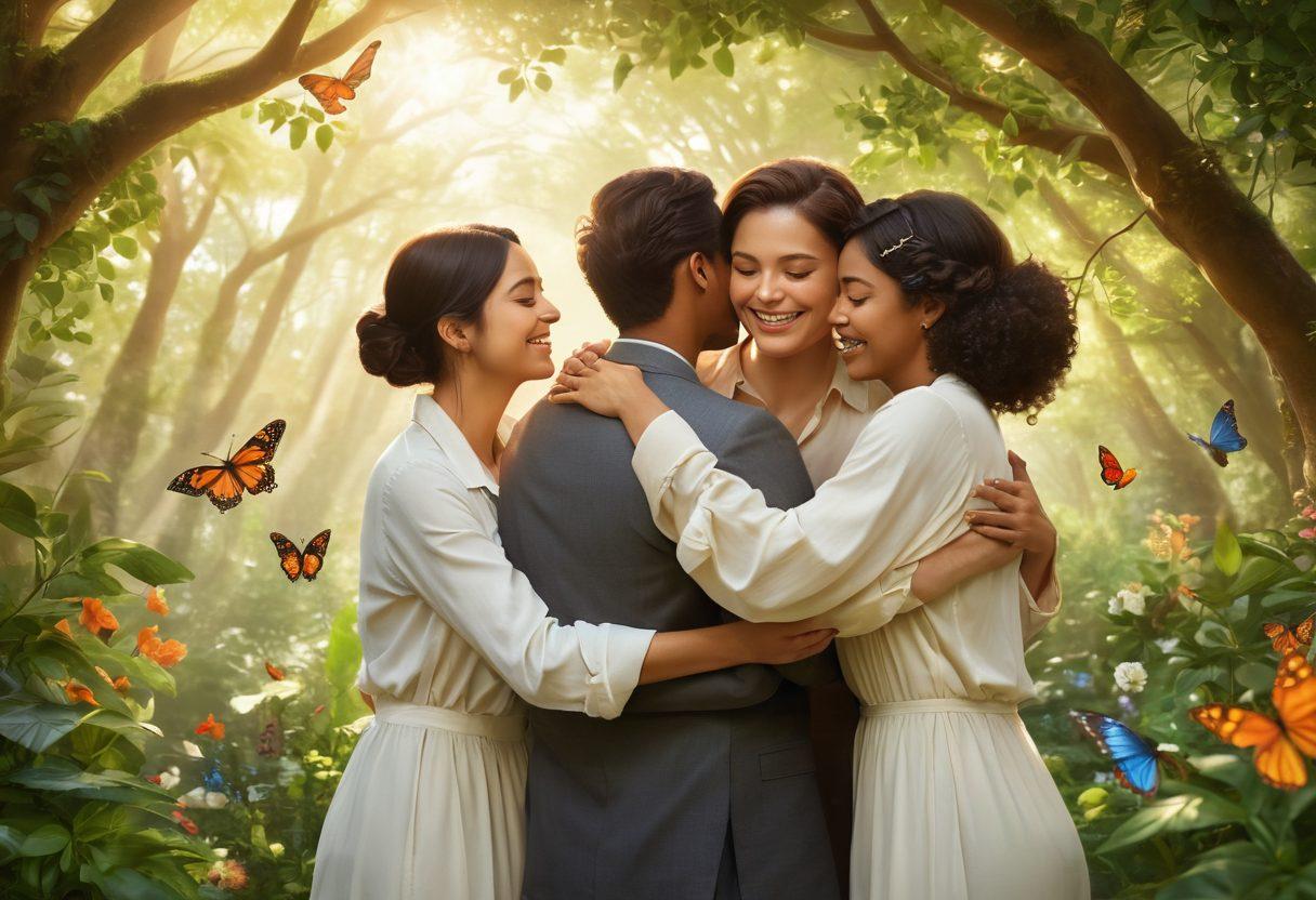 A serene scene depicting a diverse group of individuals sharing affectionate moments, such as a comforting hug or joyful laughter, surrounded by lush greenery symbolizing growth. Soft sunlight filters through trees, bathing the scene in warm light, creating an atmosphere of harmony and connection. Add elements like flowers and butterflies to symbolize care and nurturing. super-realistic. vibrant colors. uplifting atmosphere.