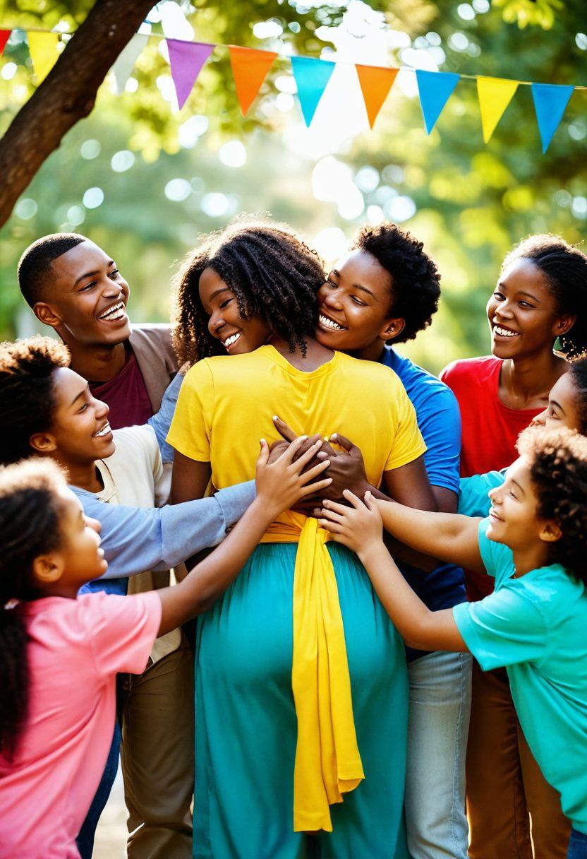 A heartwarming scene illustrating a diverse group of people engaged in community activities, sharing love and compassion. Include soft, warm lighting to evoke feelings of emotional well-being, with elements like colorful banners promoting kindness and support. Capture joyful expressions and gestures of connection, such as hugs and hand-holding, within a park or community center setting. super-realistic. vibrant colors. soft focus.